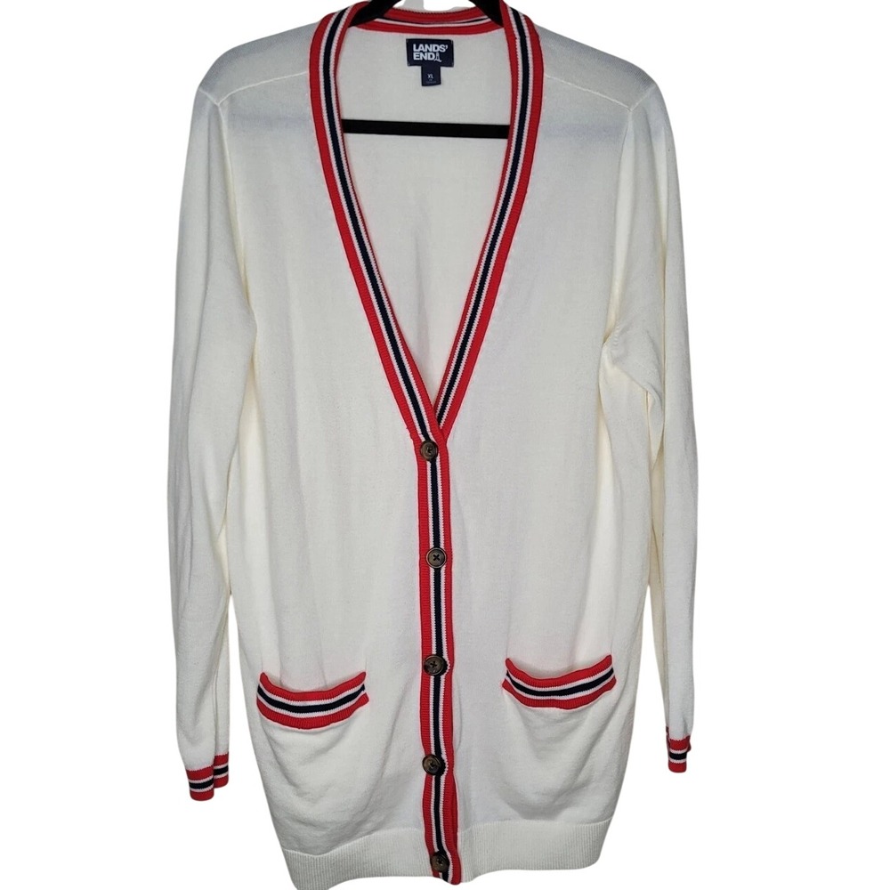 Lands' End Red White Blue Fine Gauge Cotton Knit Cardigan Sweater XL Women's